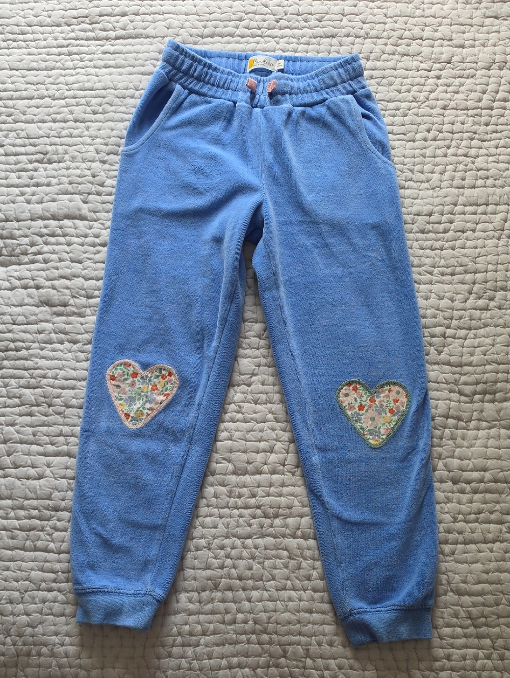 Mini Boden Blue Velour Sweatpants with Floral Heart Applique Size 7
